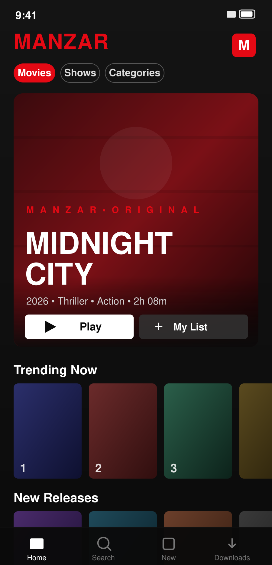 Manzar movie app home screen showing featured films and trending titles